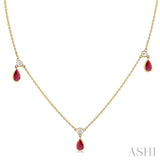 1/4 ctw Round Cut Diamonds and 5X3MM Pear Shape Ruby Precious Station Necklace in 14K Yellow Gold