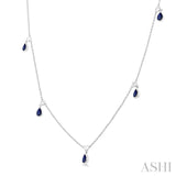 5x3 MM Pear Shape Sapphire and 1/4 Ctw Round Cut Diamonds Precious Station Necklace in 14K White Gold