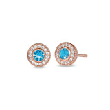 Rose gold finish sterling silver micropave round simulated blue topaz earrings with simulated diamonds