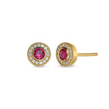 Gold finish sterling silver micropave round simulated ruby earrings with simulated diamonds