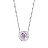 Platinum Finish Sterling Silver Round Simulated Pink Sapphire Birth Gem Pendant  on 18" Curb Chain