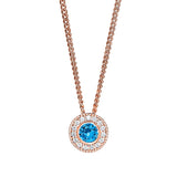 Rose gold micropave round simulated blue topaz birth gem pendant with simulated diamonds on 18 curb chain