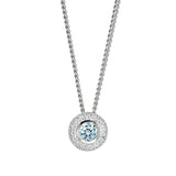 Platinum Finish Sterling Silver Round Simulated Aquamarine Birth Gem Pendant  on 18" Curb Chain