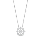 Platinum finish sterling silver micropave ship's wheel necklace with simulated diamonds on 16 - 18 adjustable chain