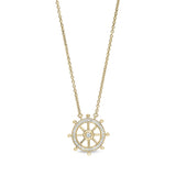 Gold finish sterling silver micropave ship's wheel necklace with simulated diamonds on 16 - 18 adjustable chain