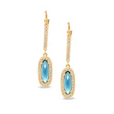 Gold finish sterling silver micropave oblong earrings with simulated london blue topaz and simulated diamonds