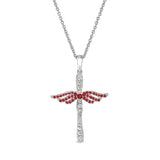 Platinum finish sterling silver micropave angel wings cross with simulated garnet & diamonds on 16 - 18 adjustable chain