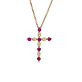 Gold finish sterling silver cross pendant with simmulated rubies and simulated diamonds on 16 - 18 adjustable chain