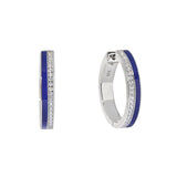 Platinum finish sterling silver micropave hoop earrings with navy enamel and simulated diamonds