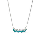 Platinum finish sterling micropave ups and downs necklace with turquoise enamel and simulated diamonds adjustable chain