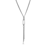 Platinum finish sterling micropave double chain lanyard necklace with a single link with simulated diamonds - adjustable