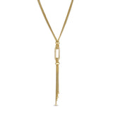 Gold finish sterling silver micropave double chain lanyard necklace with a single link with simulated diamonds - adjustable