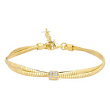 Gold finish sterling micropave double omega bracelet with a central square with simulated diamonds - adjustable 7.5 -8.5