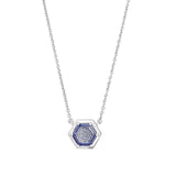 Platinum finish sterling silver flat hexagon synthetic tanzanite necklace with synthetic diamonds on 16 18 adjustable chain