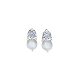 Platinum finish sterling silver earrings with a simulated pearl and a round simulated diamond