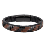 Black and Brown Basket Weave Leather Stainless Steel Bracelet