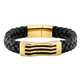 Black Braided Leather Stainless Steel With Gold Bar and Black Lines Bracelet