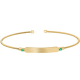 Gold finish sterling silver cable cuff bracelet with name plate and simulated emerald birth gems - may