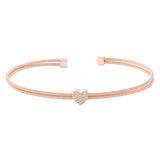 Rose gold finish sterling silver two cable cuff bracelet with simulated diamond heart