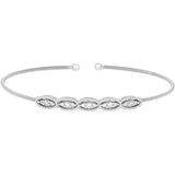 Rhodium finish sterling silver cable cuff bracelet with five simulated diamond marquise shapes