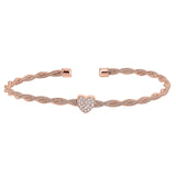 Rose gold finish sterling silver thin tightly twisted cable cuff bracelet with heart with simulated diamonds
