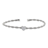 Rhodium finish sterling silver thin tightly twisted cable cuff bracelet with heart with simulated diamonds