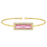 Gold finish sterling silver cable cuff bracelet with rectangular simulated pink sapphire stone and simulated diamonds