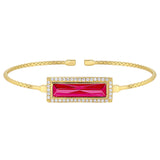 Gold finish sterling silver cable cuff bracelet with rectangular simulated ruby stone and simulated diamonds