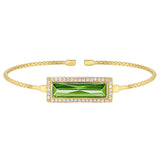 Gold finish sterling silver cable cuff bracelet with rectangular simulated peridot stone and simulated diamonds