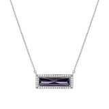 Rhodium finish sterling silver necklace with rectangular simulated amethyst stone and simulated diamonds on 16 - 18 chain
