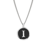Rhodium Finish Sterling Silver Black Enamel Initial Necklace on 18" Curb Chain - I