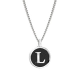 Rhodium Finish Sterling Silver Black Enamel Initial Necklace on 18" Curb Chain - L