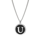 Rhodium Finish Sterling Silver Black Enamel Initial Necklace on 18" Curb Chain - U