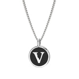 Rhodium Finish Sterling Silver Black Enamel Initial Necklace on 18" Curb Chain - V