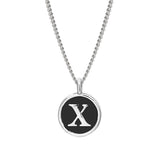 Rhodium Finish Sterling Silver Black Enamel Initial Necklace on 18" Curb Chain - X