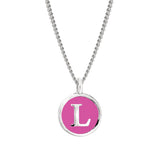 Rhodium Finish Sterling Silver Pink Enamel Initial Necklace on 18" Curb Chain - L