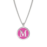 Rhodium Finish Sterling Silver Pink Enamel Initial Necklace on 18" Curb Chain - M