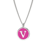 Rhodium Finish Sterling Silver Pink Enamel Initial Necklace on 18" Curb Chain - V