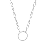 Rhodium Finish Sterling Silver 20 Paper Clip Necklace with Center Circle Station