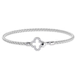 Rhodium Finish Sterling Silver Basketweave Cable Cuff  Bracelet with Simulated Diamonds and a Clover Closure