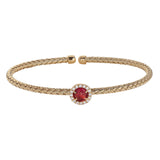 Gold Finish Sterling Silver Basketweave Cable Cuff  Bracelet with a Round Pink Stone and Simulated Diamonds