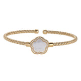 Gold Finish Sterling Silver Basketweave Cable Cuff  Bracelet with a Flower Shaped MOP Stone and Simulated Diamonds