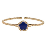 Gold Finish Sterling Silver Basketweave Cable Cuff  Bracelet with a Flower Shaped Navy Stone and Simulated Diamonds