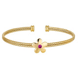 Gold Finish Sterling Silver 2 Corean Cable Cuff  Bracelet with a Central Flower with a Pink Simulated Stone