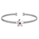 Rhodium Finish Sterling Silver 2 Corean Cable Cuff  Bracelet with a Central Flower with a Pink Simulated Stone