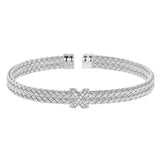 Rhodium Finish Sterling Silver Basketweave Double Cable Cuff  Bracelet With a Rhodium Finish X with Simulated Diamonds