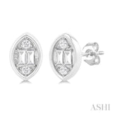 1/5 ctw Petite Bezel Set Marquise Shape Fusion Baguette and Round Cut Diamond Fashion Stud Earring in 10K White Gold