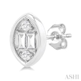 1/5 ctw Petite Bezel Set Marquise Shape Fusion Baguette and Round Cut Diamond Fashion Stud Earring in 10K White Gold
