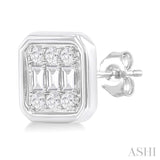 1/5 ctw Petite Bezel Set Emerald Shape Fusion Baguette and Round Cut Diamond Fashion Stud Earring in 10K White Gold