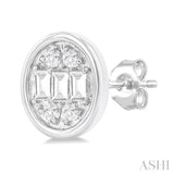 1/5 ctw Petite Bezel Set Oval Shape Fusion Baguette and Round Cut Diamond Fashion Stud Earring in 10K White Gold